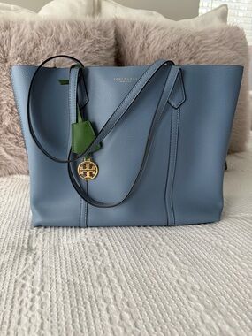 Tory Burch Blue Leather Tote with Green Accent